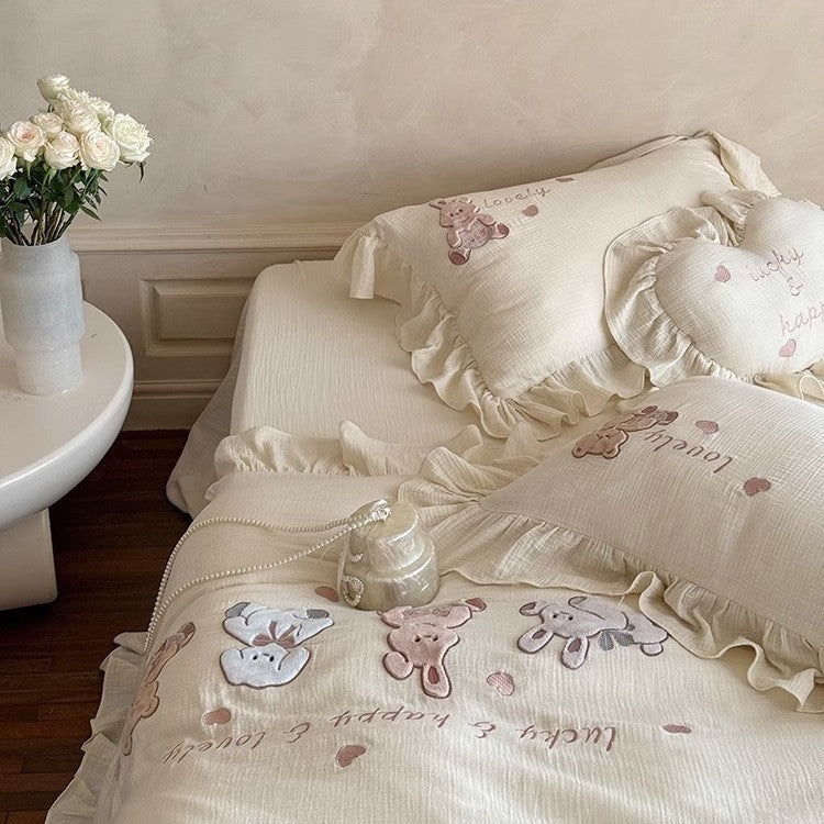 Ruffled Embroidered Cotton Duvet Cover Set with Appliqué Animals and Decorative Heart Cushion