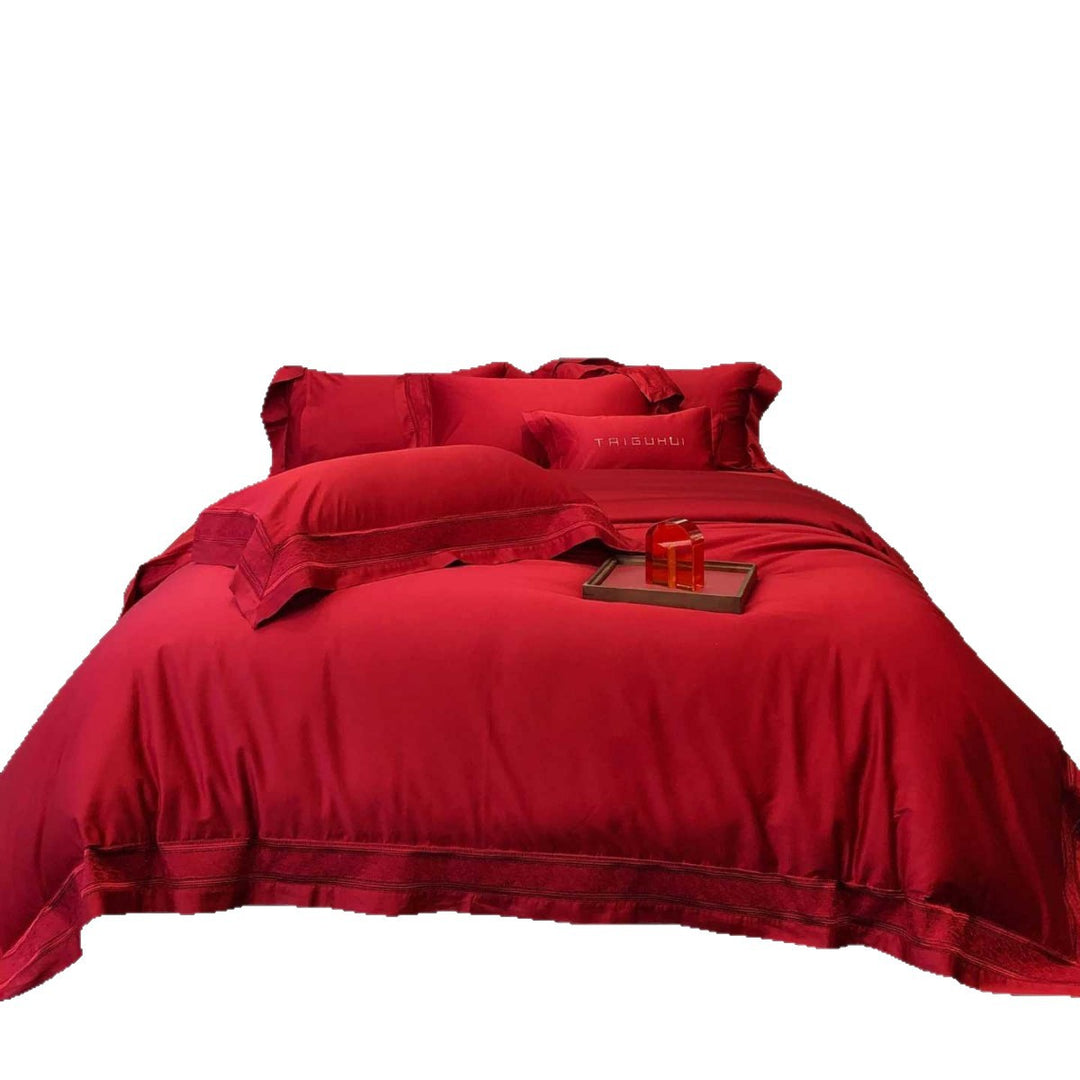 Satin bed linen set with elegant decorative border and gloss finish