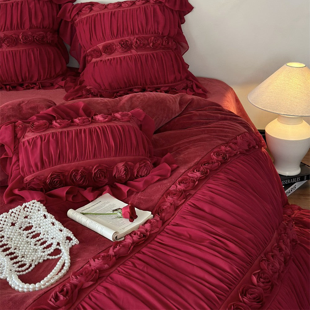 Luxurious Ruffles and Rose Appliqués Velvet Bedding Set