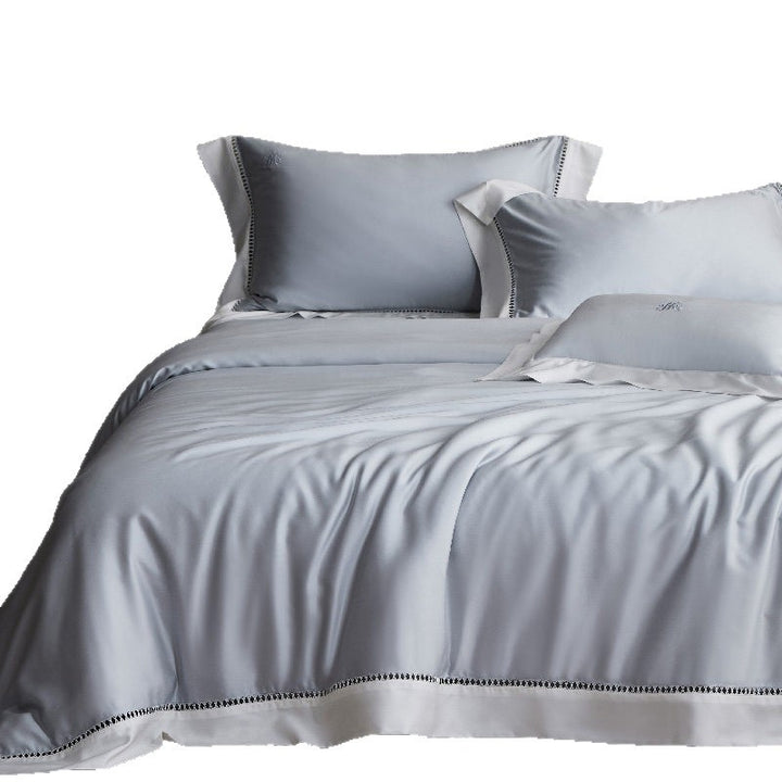 Luxury Sateen Duvet Cover Set with Contrast Hem and Eyelet-Embroidered Shams