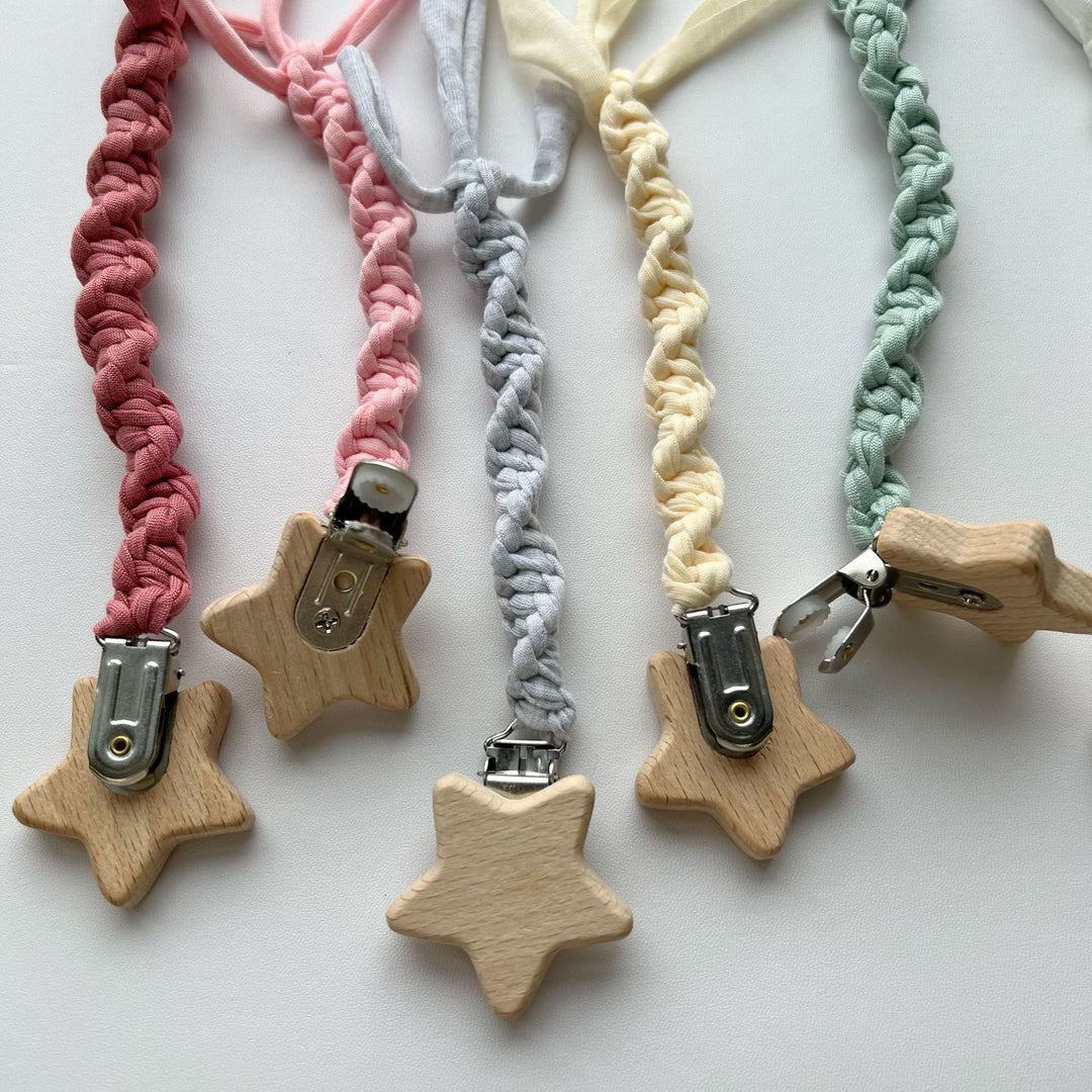 Braided Cotton Pacifier and Teether Clip with Wooden Star Clamp
