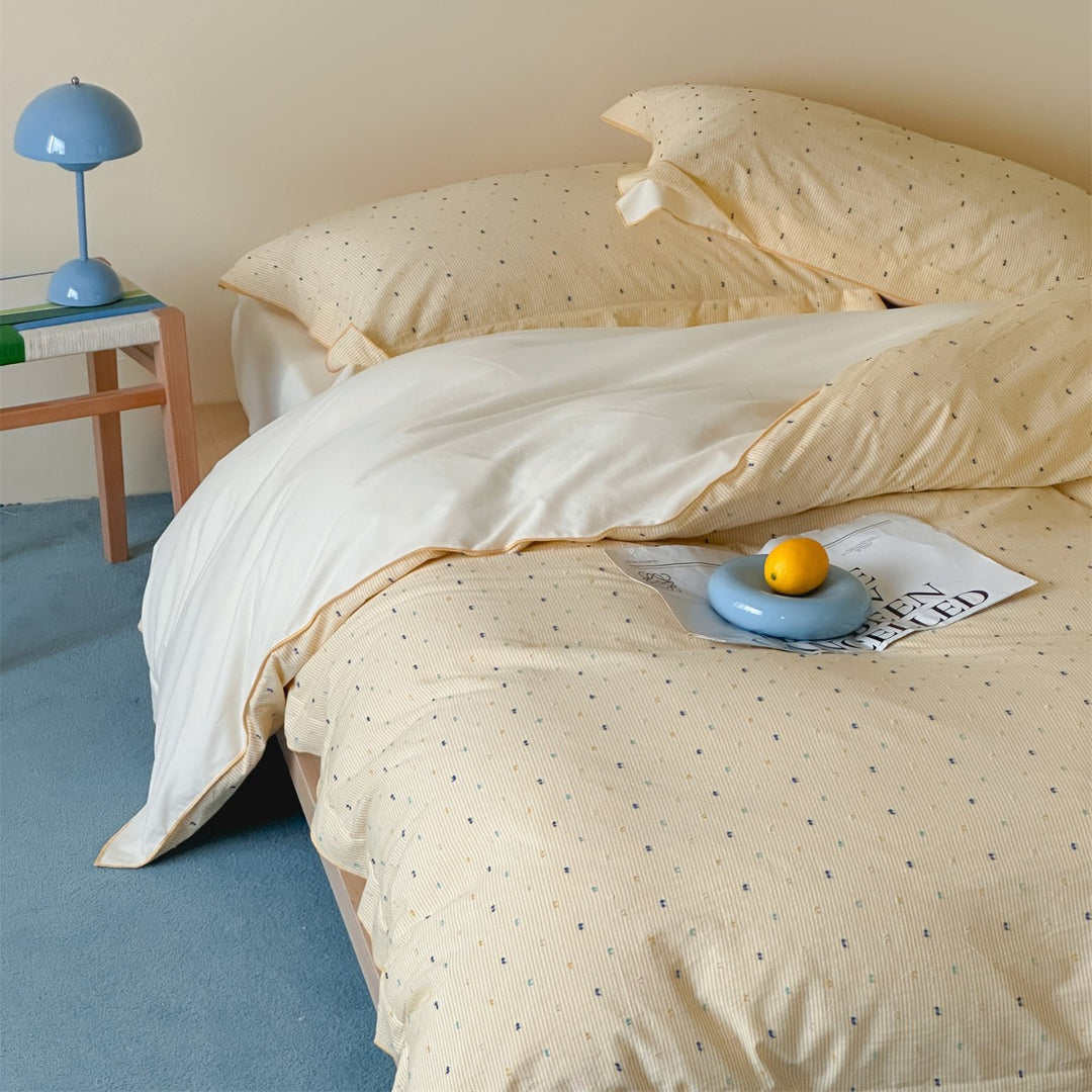 Reversible Cotton Percale Duvet Cover Set with Micro Dot and Pinstripe Texture