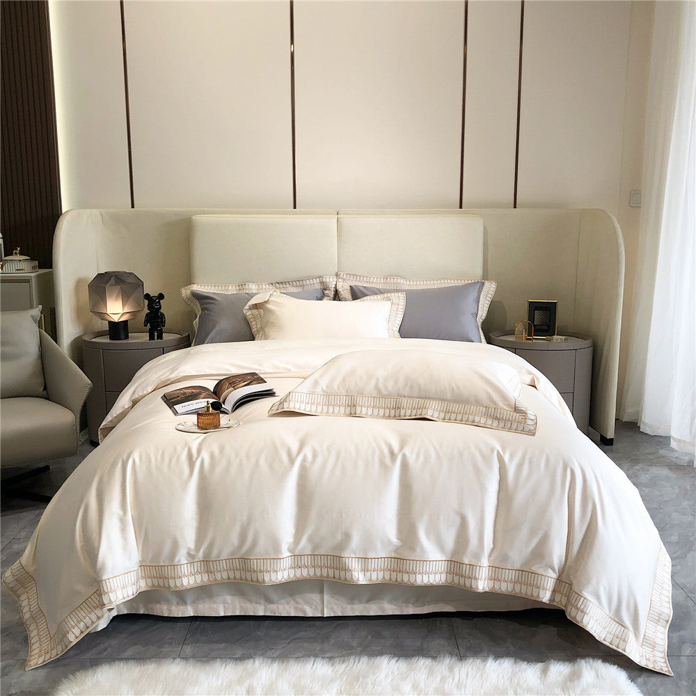 Luxury Cotton Sateen Duvet Cover Bedding Set with Pleated Trim and Matching Pillow Shams