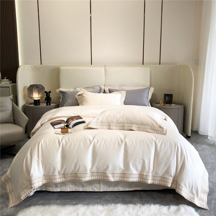 Luxury Cotton Sateen Duvet Cover Bedding Set with Pleated Trim and Matching Pillow Shams