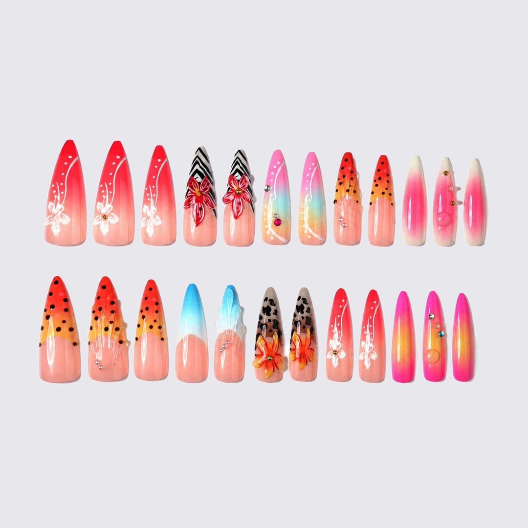 Acrylic nail set with creative floral design and glitter elements Stornfield