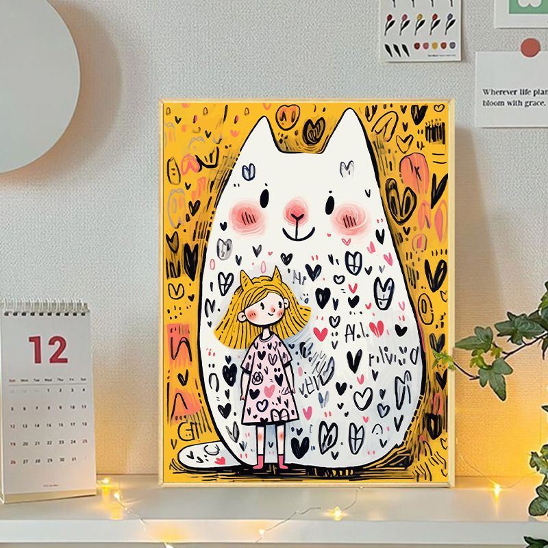 Playful Cat and Girl Illustration Canvas Art Stornfield