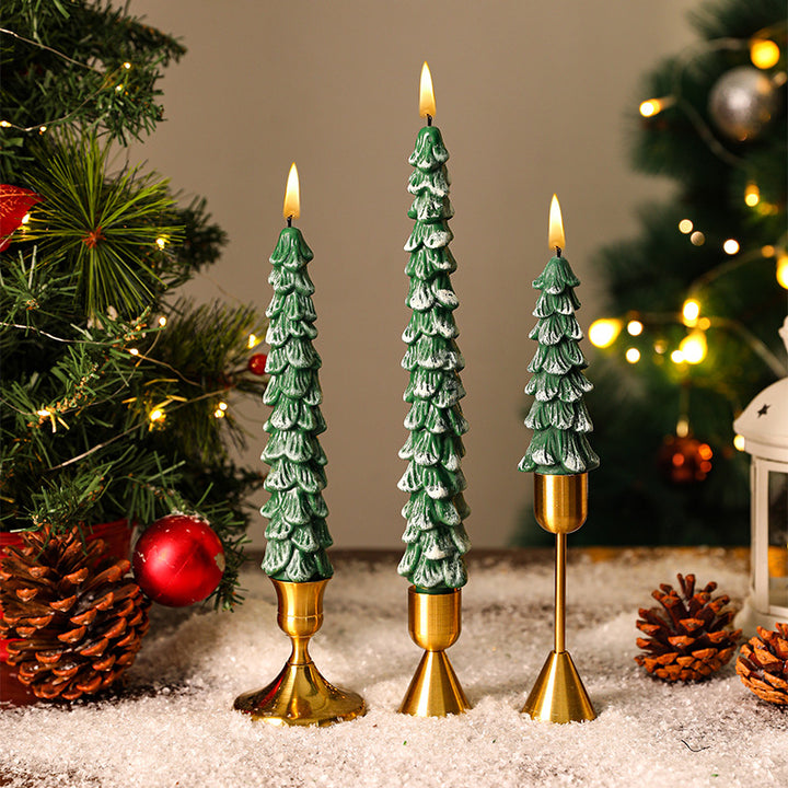 Festive Sculpted Pine Taper Candle Trio with Brass Holders