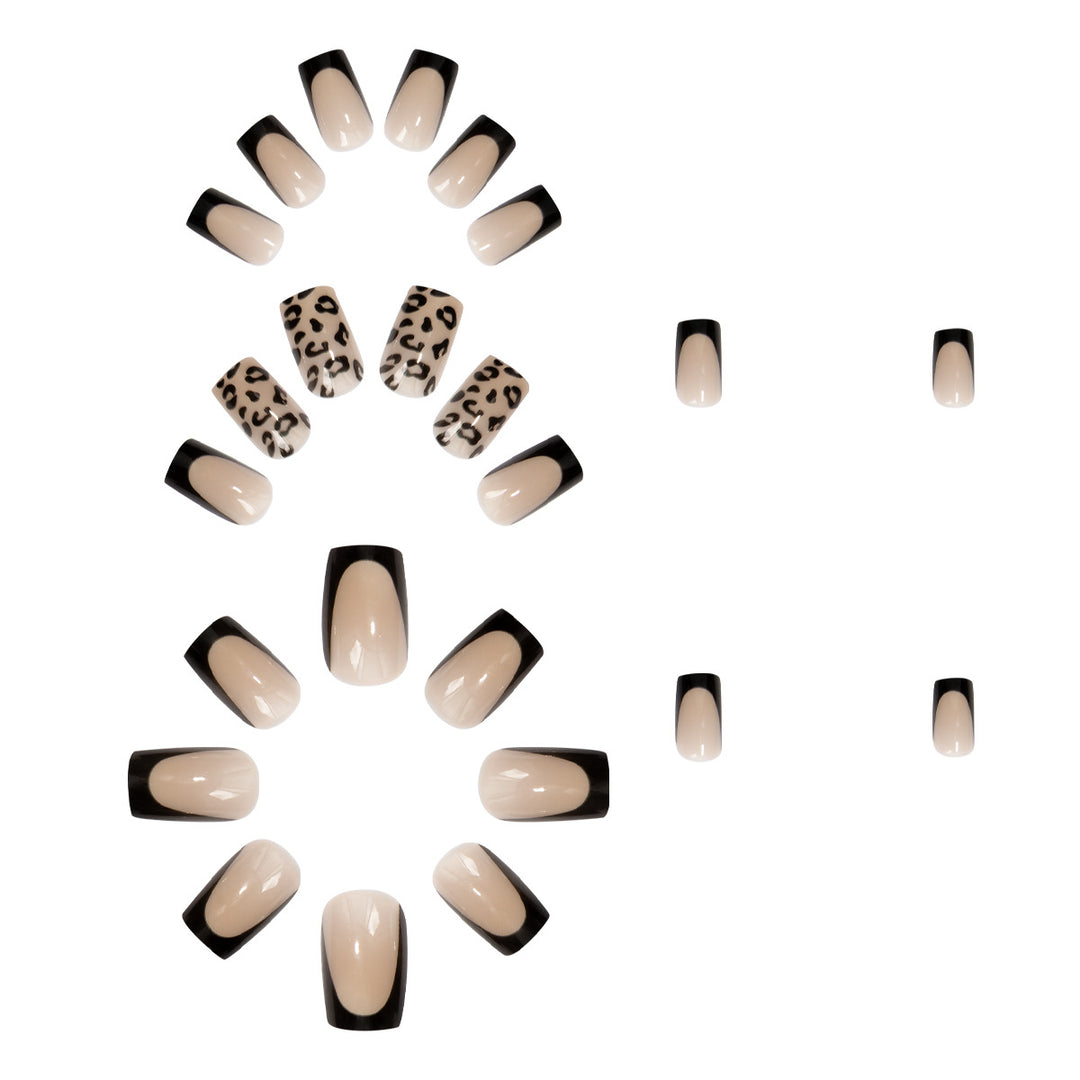 Artificial nail set with elegant leopard motif and black French design Stornfield