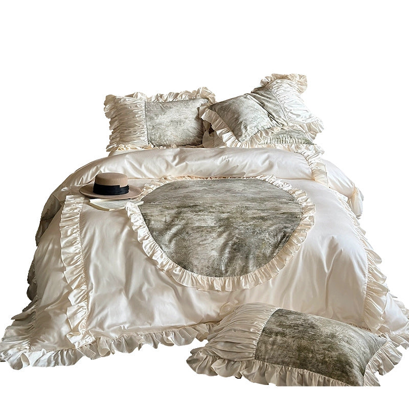 Luxurious Ruffle Bedding Set with Velvet Heart Appliqué