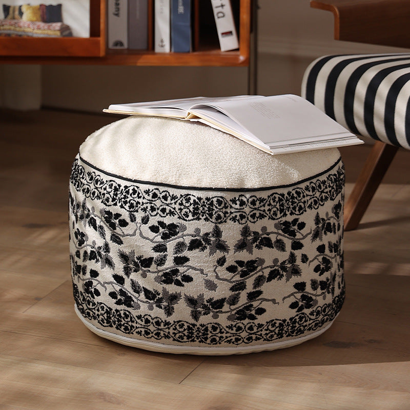 Seat pouf with quilted teddy cover and floral jacquard trim