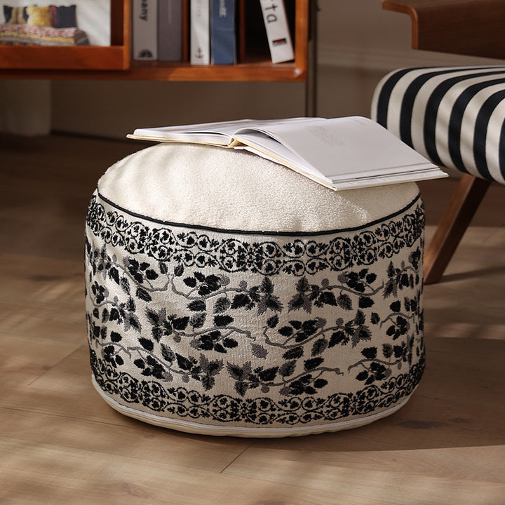 Seat pouf with quilted teddy cover and floral jacquard trim
