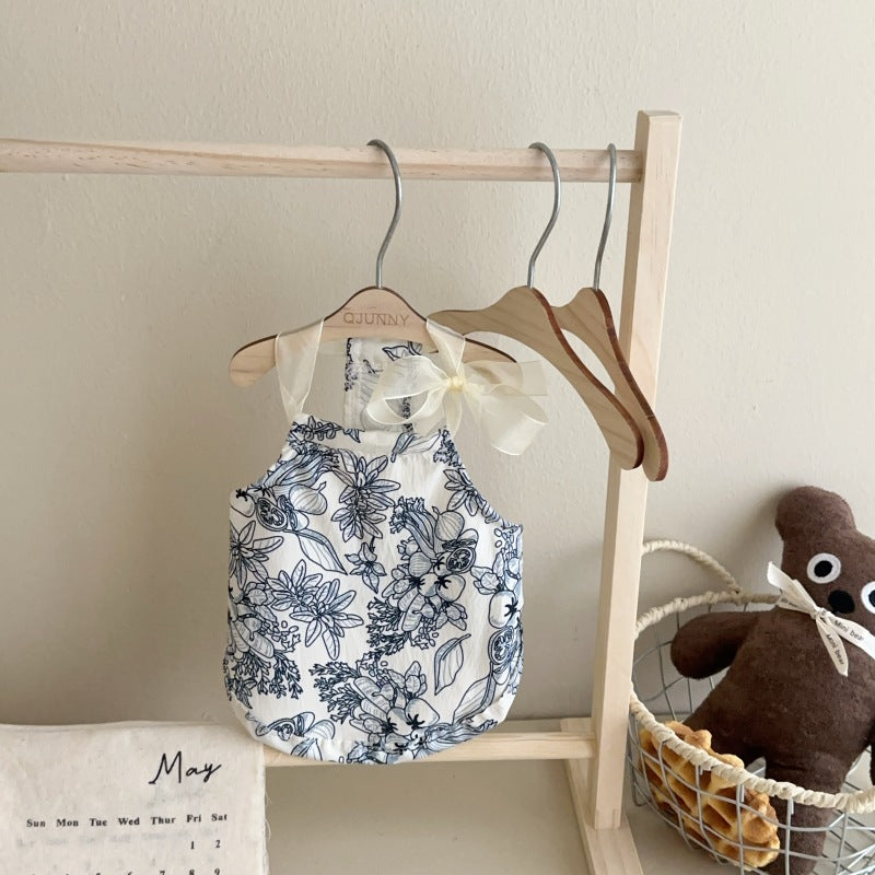 Floral Cotton Baby Halter Romper with Sheer Ribbon Shoulder Ties
