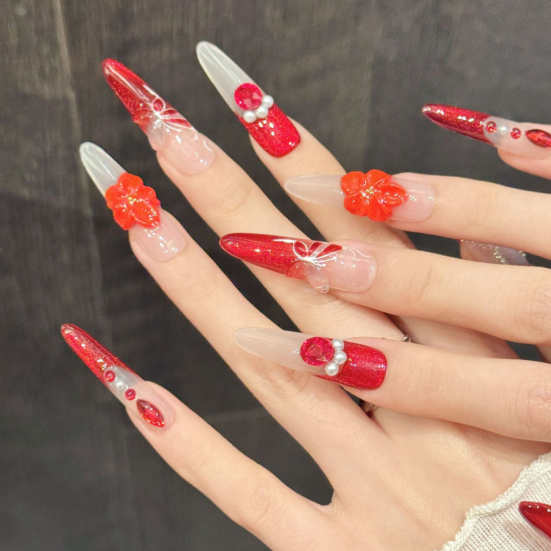 Artistic Press-On Nail Art Kit with 3D Floral and Gem Accents