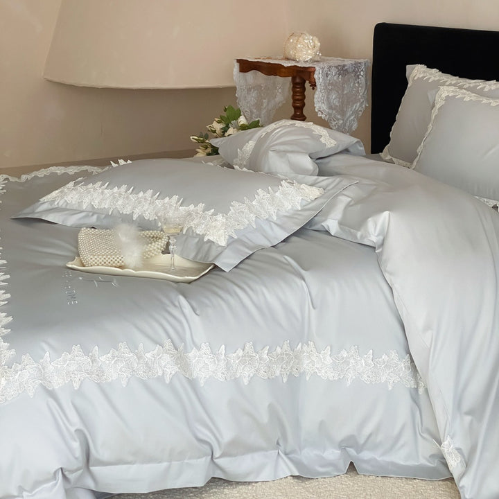 Satin Lace-Trim Duvet Cover Set with Eyelash Fringed Pillow Shams