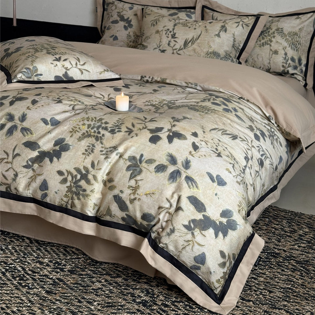 Botanical-Illustration Cotton Sateen Duvet Cover Set with Piped Border & Oxford Shams