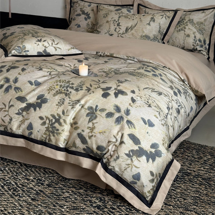 Botanical-Illustration Cotton Sateen Duvet Cover Set with Piped Border & Oxford Shams