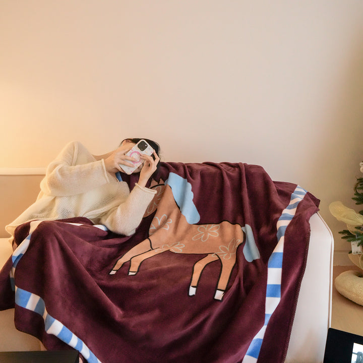 Plush Microfleece Throw Blanket with Carousel Horse Print and Whipstitch Edge