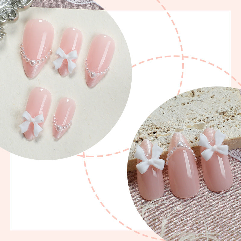 Decorative Press-On Nail Art Set with Elegant Bow and Pearl Accents Stornfield