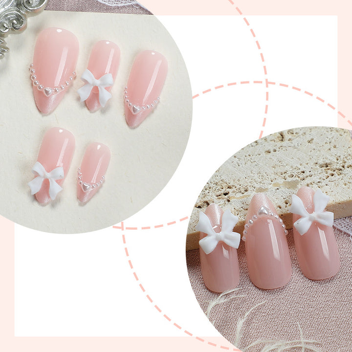 Decorative Press-On Nail Art Set with Elegant Bow and Pearl Accents Stornfield