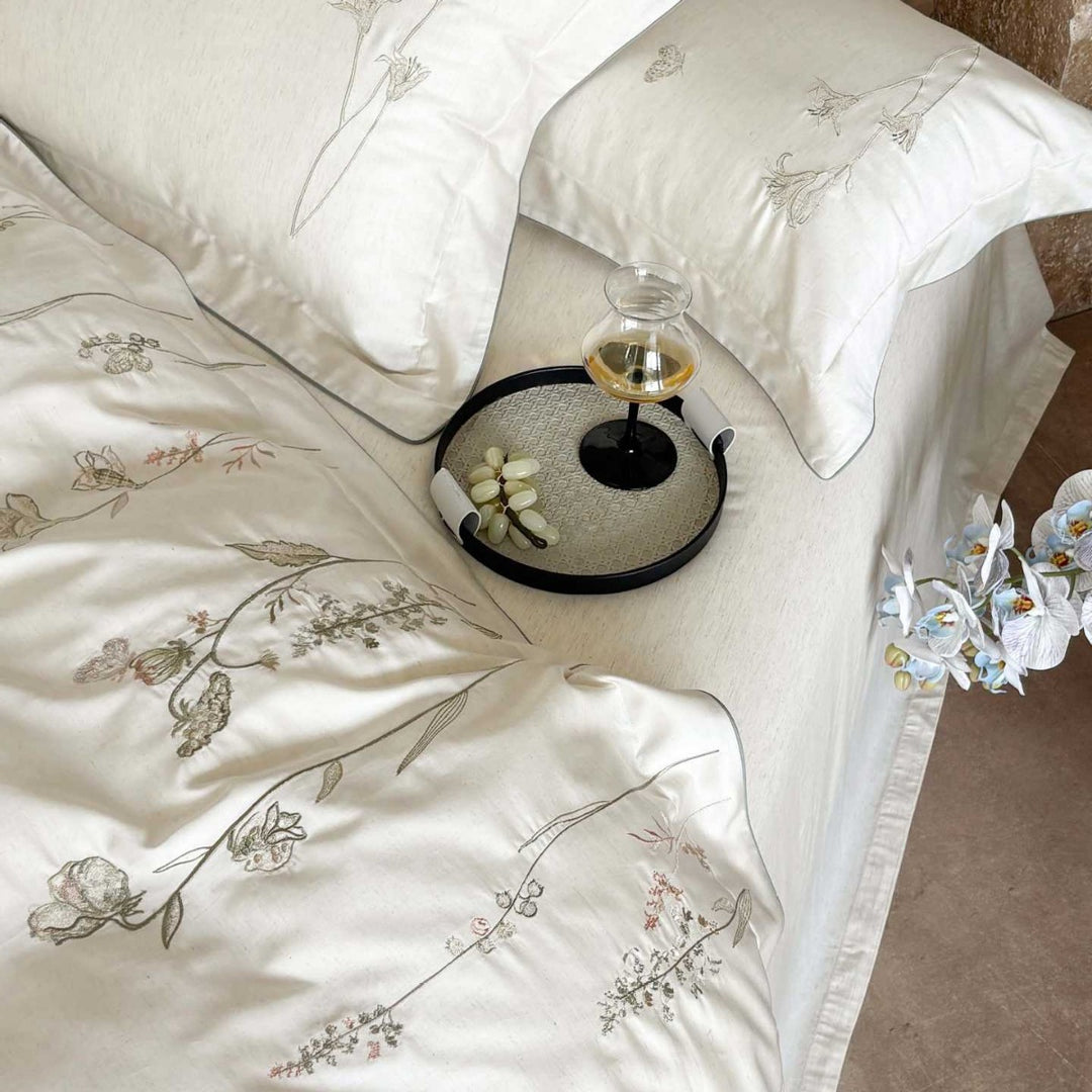 Luxurious satin bedding set with fine wildflower embroidery and reversible function