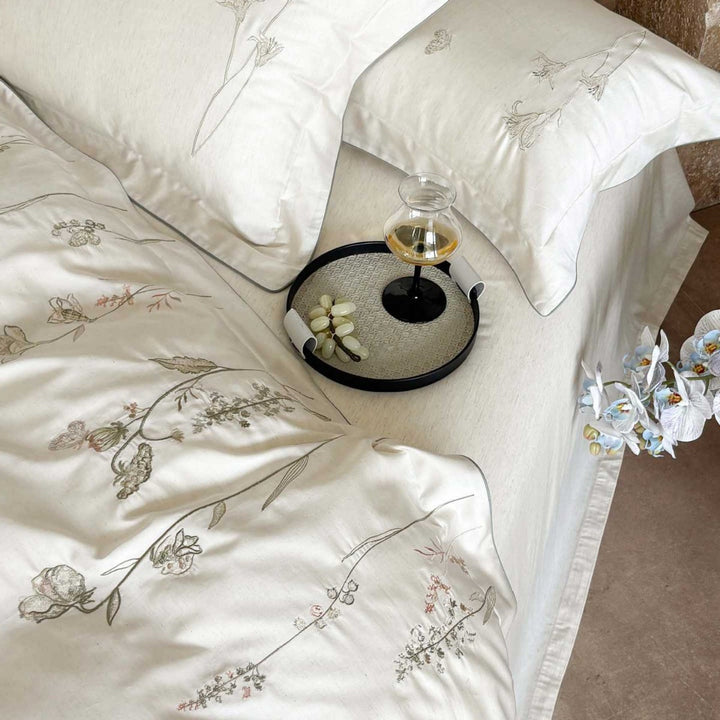 Luxurious satin bedding set with fine wildflower embroidery and reversible function