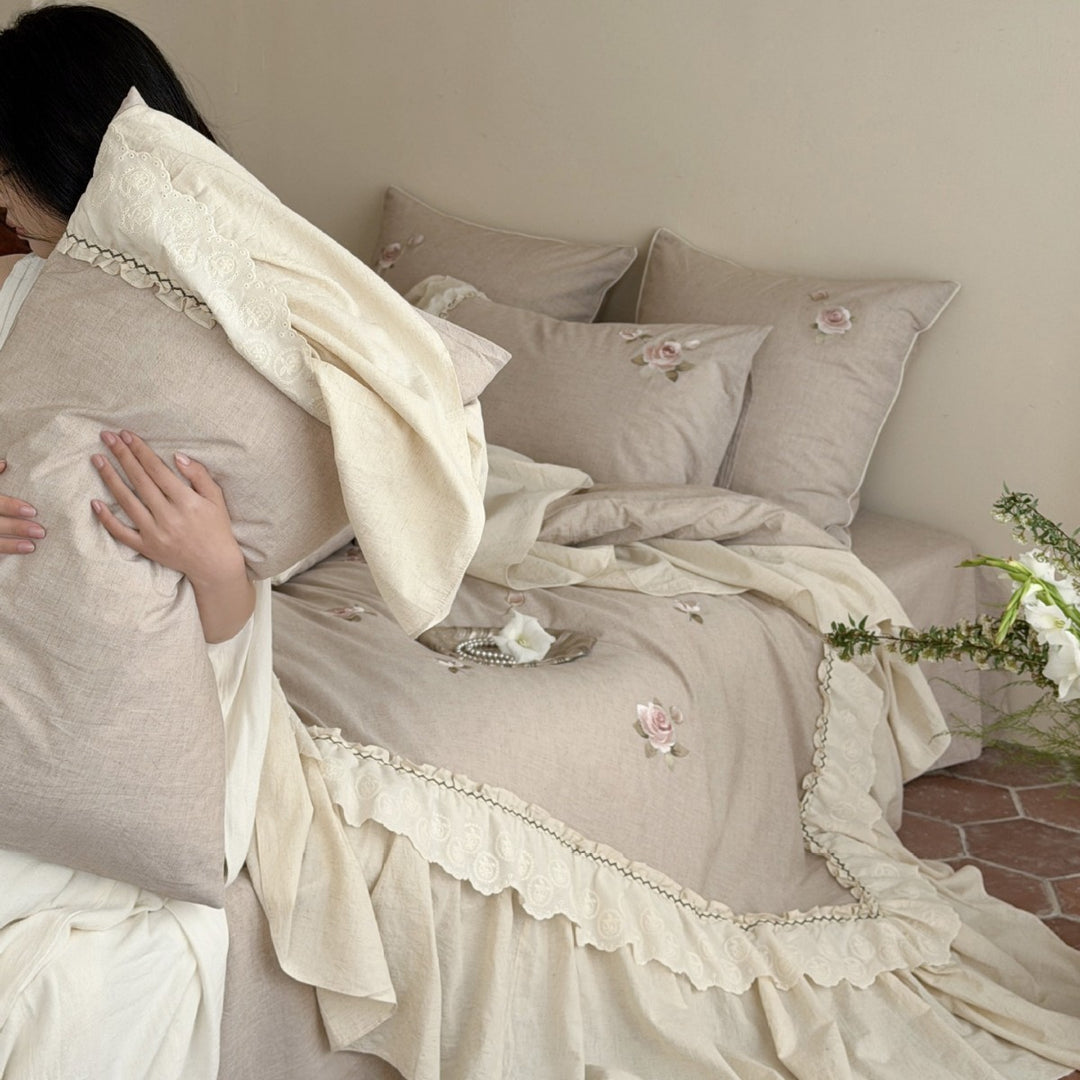 Ruffled Embroidered Rose Cotton-Linen Duvet Cover Set with Bed Skirt & Decorative Shams
