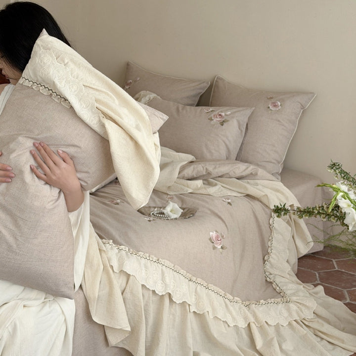 Ruffled Embroidered Rose Cotton-Linen Duvet Cover Set with Bed Skirt & Decorative Shams