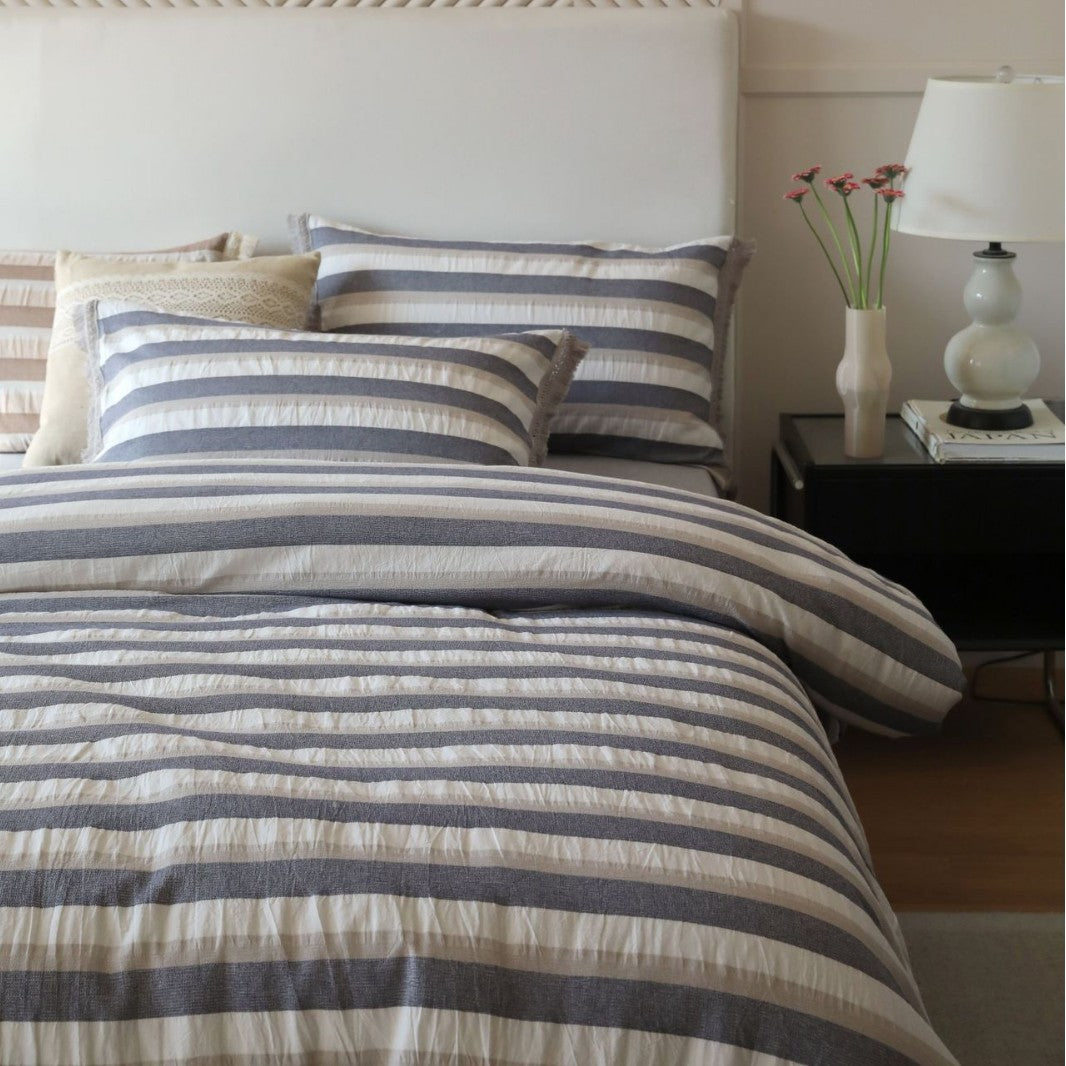 Striped Cotton-Linen Lightweight Quilted Duvet Cover Set with Fringed Edge
