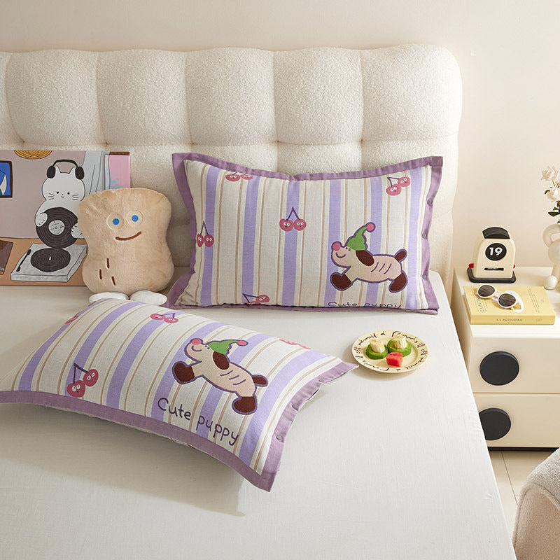 Decorative Cotton Pillowcase Set with Cartoon Puppy Stripe Print