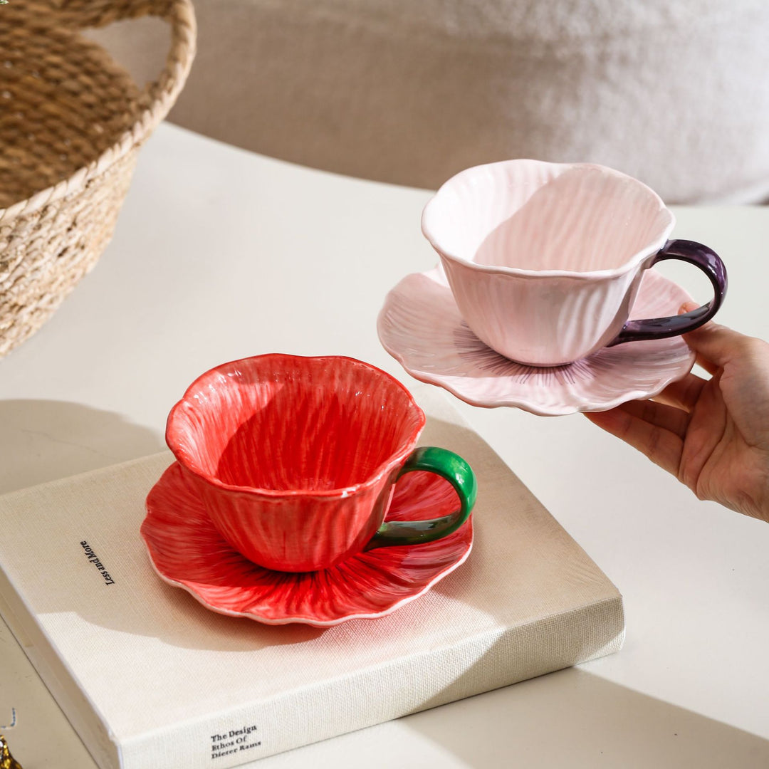 Ceramic mug with saucer in flower shape