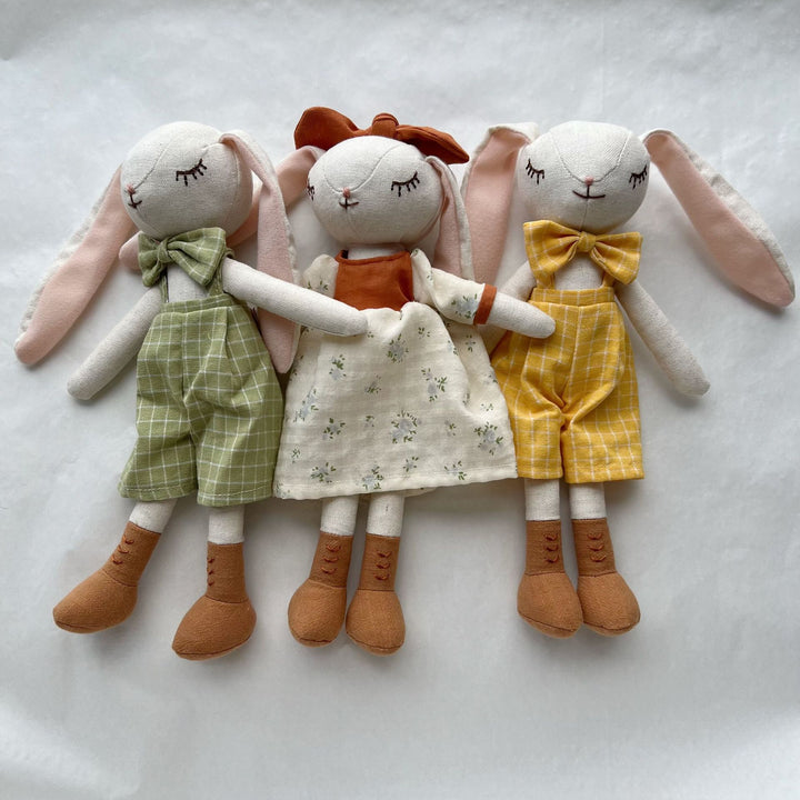 Handmade Linen Long-Leg Bunny Soft Toy with Embroidered Overalls