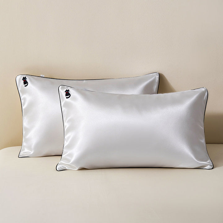 Silky Satin Pillowcase Pair with Contrasting Piping and Corner Cat Embroidery
