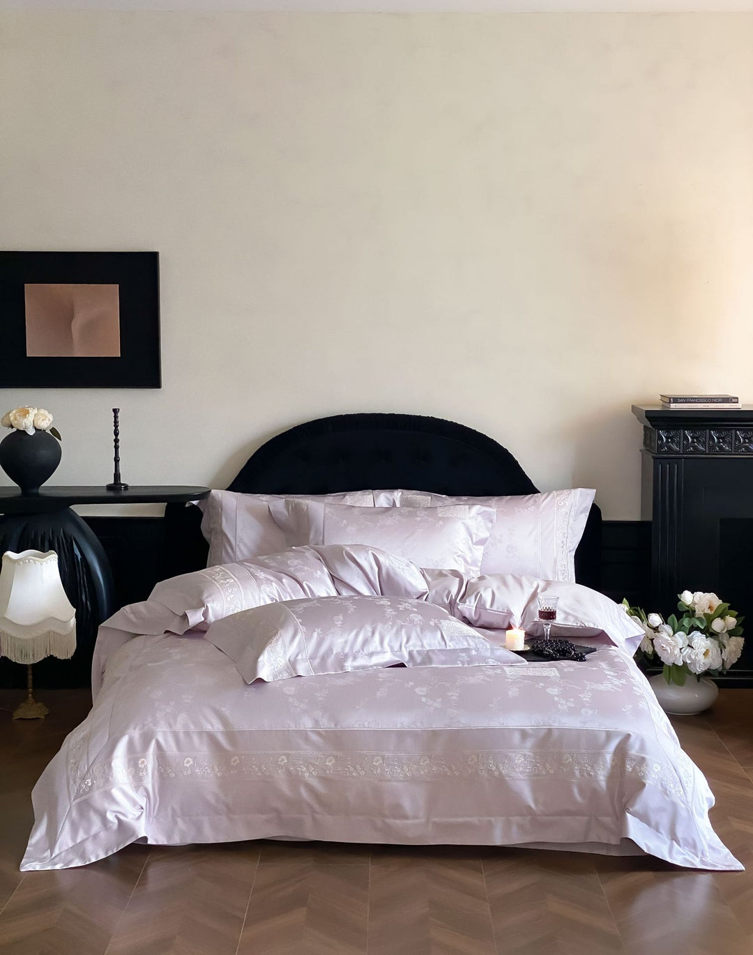 Finest satin bed linen set with delicate jacquard floral trim and pleated finish Stornfield
