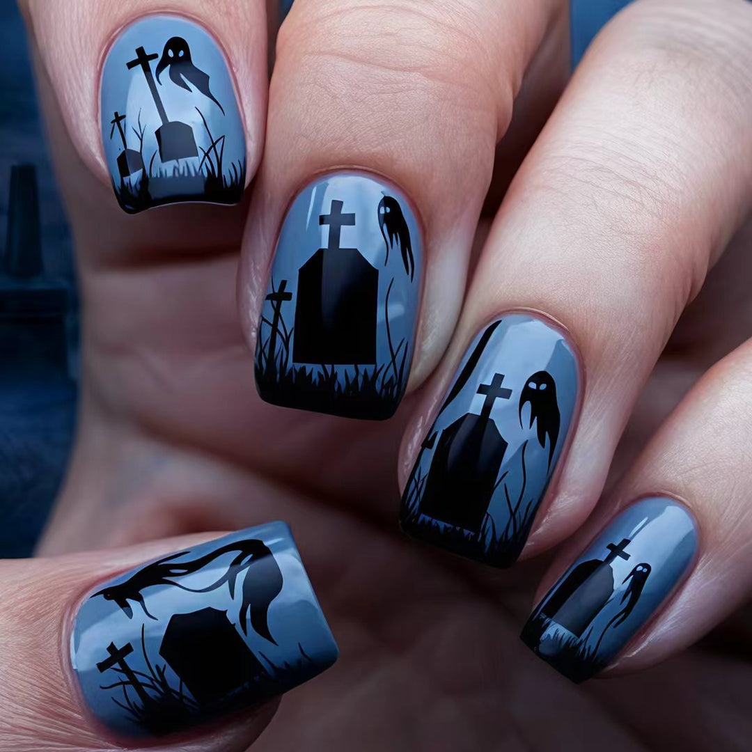 Creative Halloween Art Nails with Haunting Tombstone Design Stornfield
