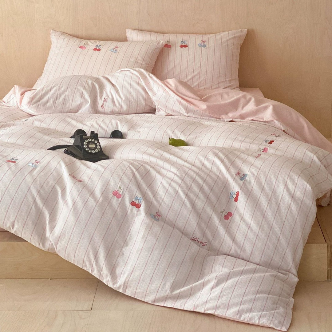 Striped Cotton Duvet Cover Set with Appliqué Cartoon Animal Embroidery
