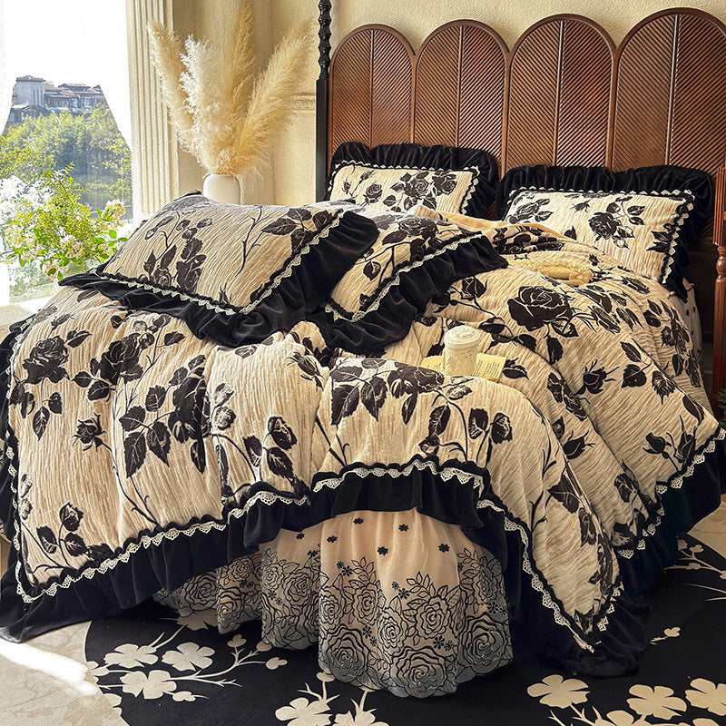 Opulentes quilted duvet cover set with velvet frill, embroidered ruffle, and bed ruffle