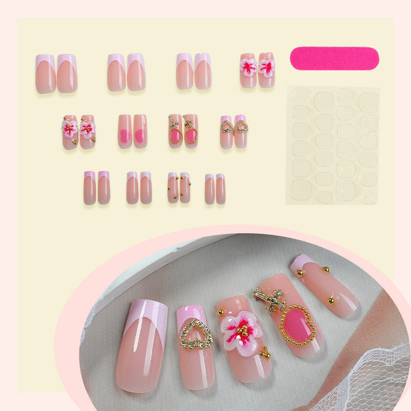 Decorative Floral Press-On Nail Set with Gem Accents Stornfield