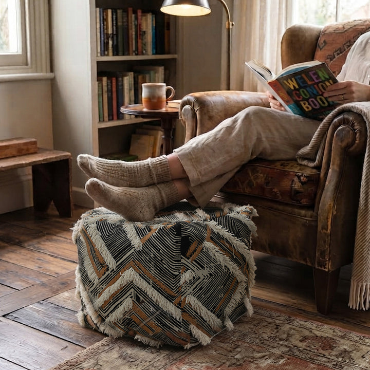 Filled floor seat pouf in ethnic jacquard with decorative fringes Stornfield