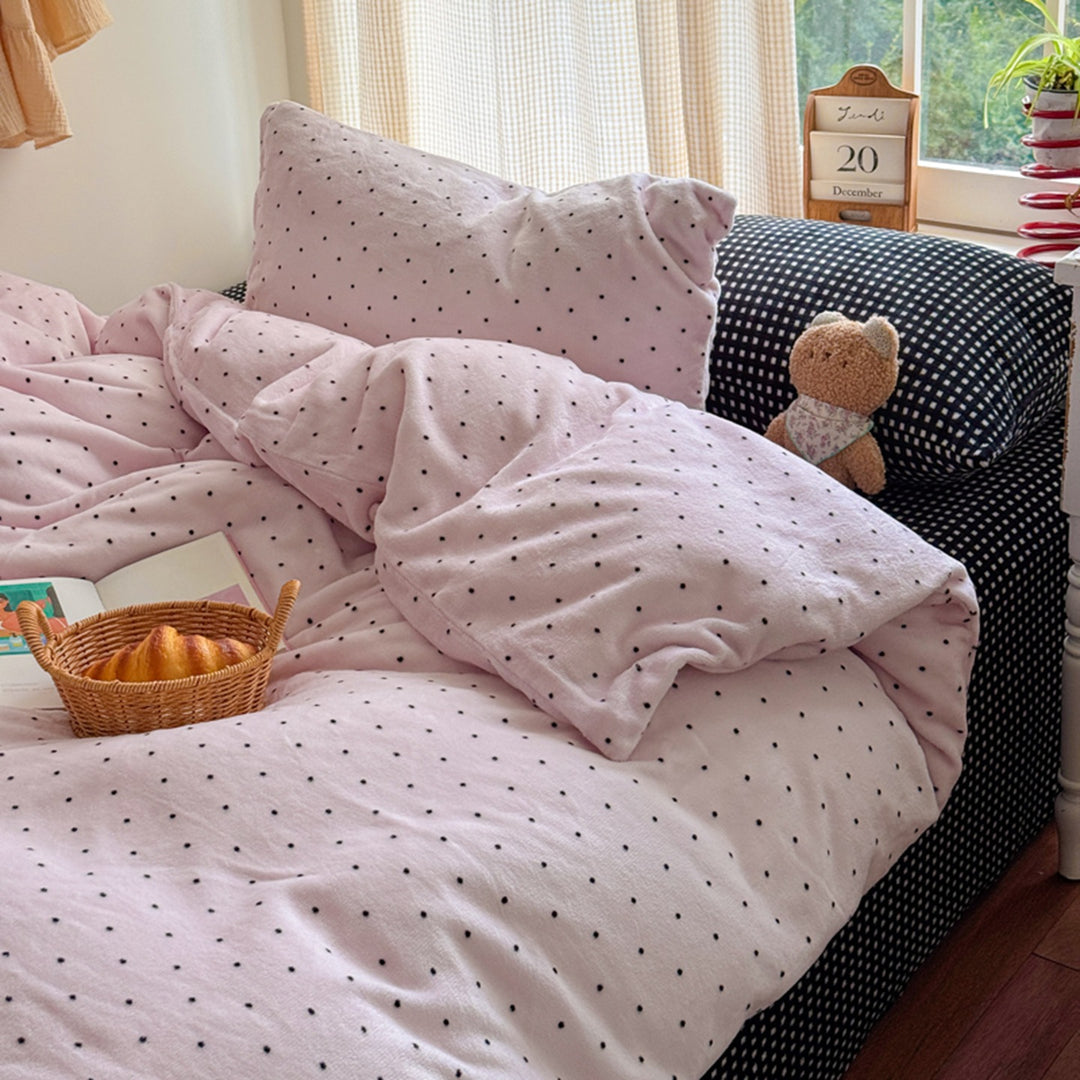 Reversible Floral Flannel Duvet Cover Set with Dot-Pattern Fitted Sheet and Pillowcases