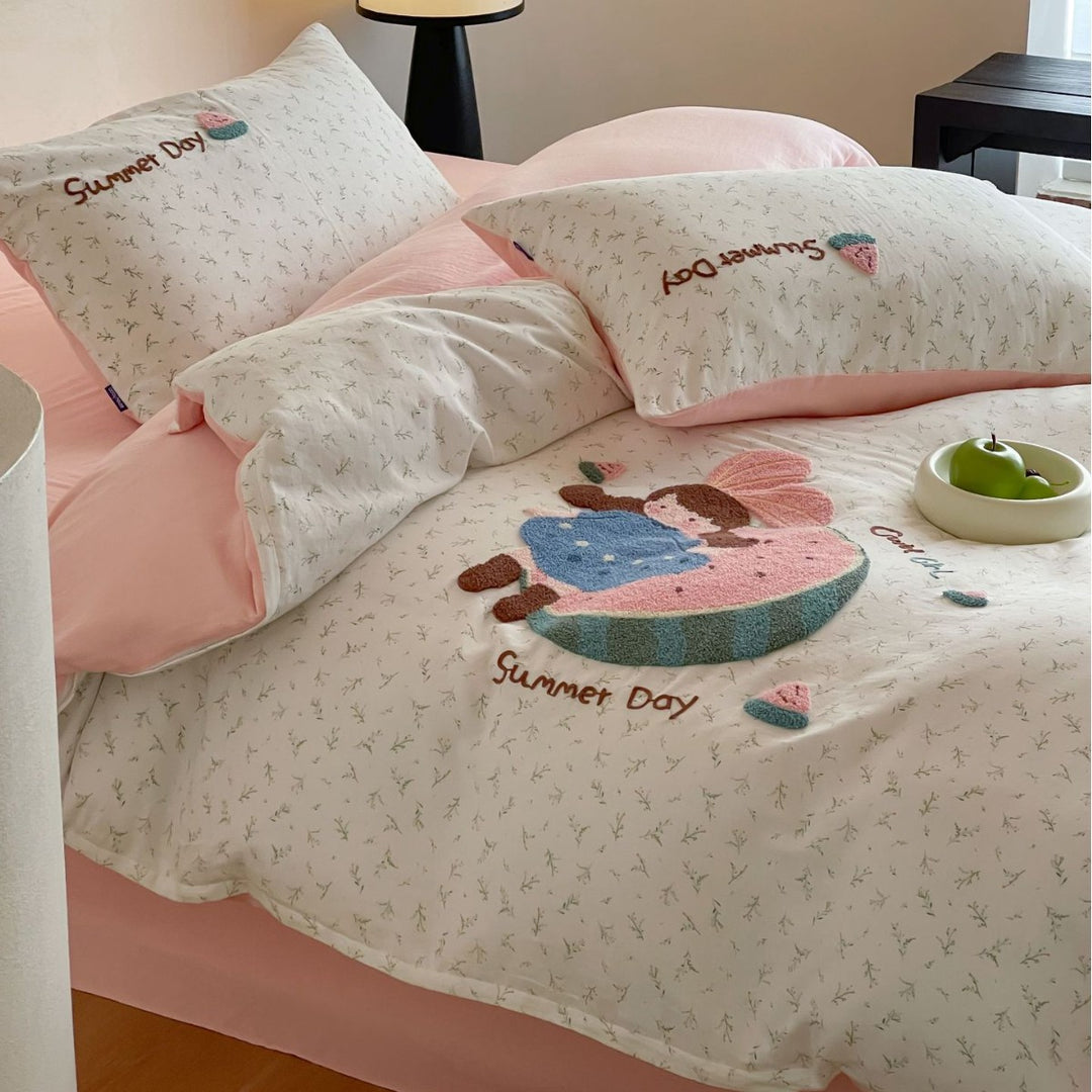 Playful Tufted Appliqué Cotton Duvet Cover Set with Microdot Print
