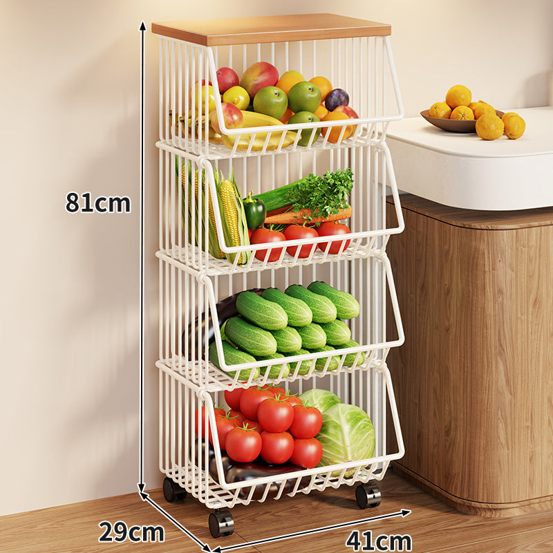 Compact Triple-Tier Rolling Wire Vegetable and Fruit Storage Cart with Wooden Top