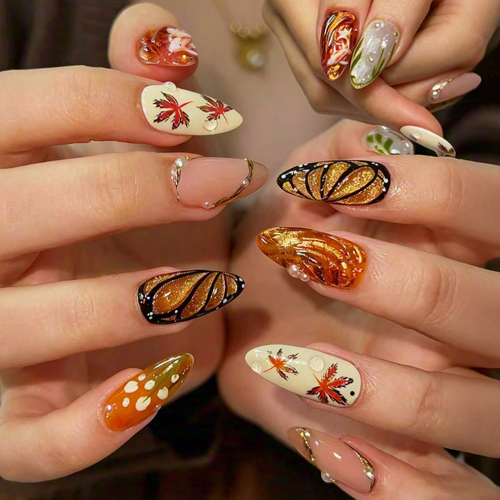 Artistic Leaf-Patterned Press-On Nail Art Stornfield