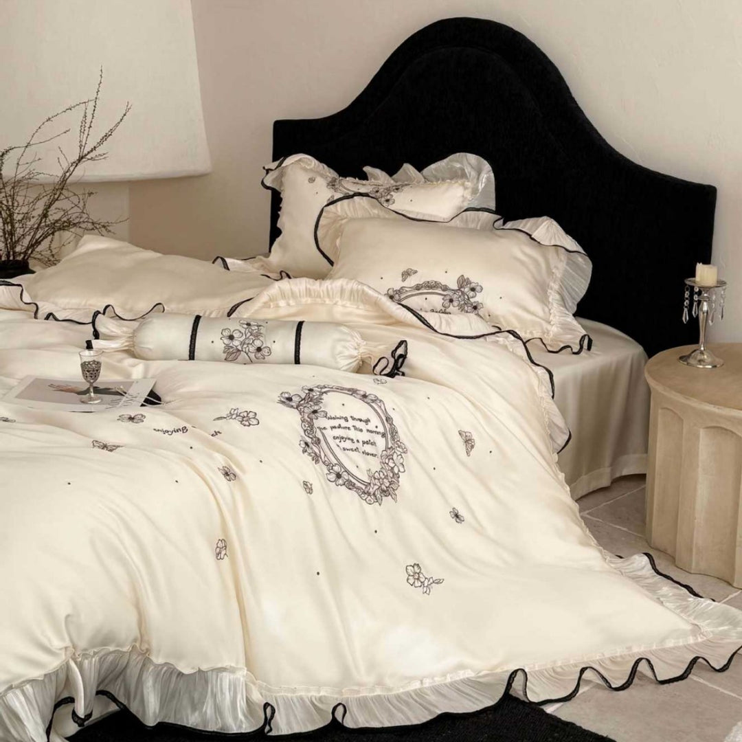 Satin-Feel Embroidered Ruffled Duvet Cover Set with Decorative Bolster & Pleated Hem