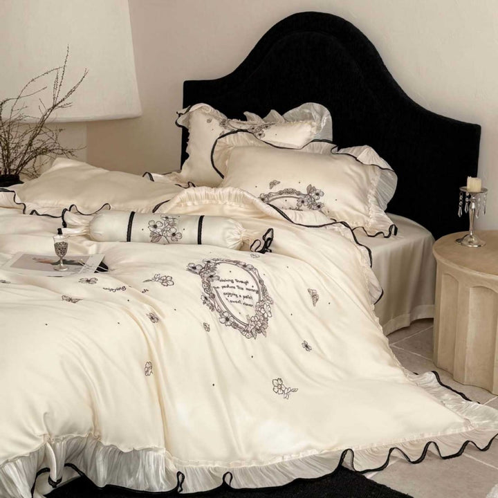 Satin-Feel Embroidered Ruffled Duvet Cover Set with Decorative Bolster & Pleated Hem