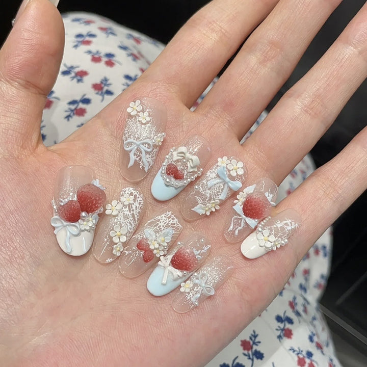 Creative Press-On Nail Art Set with Whimsical Floral Designs