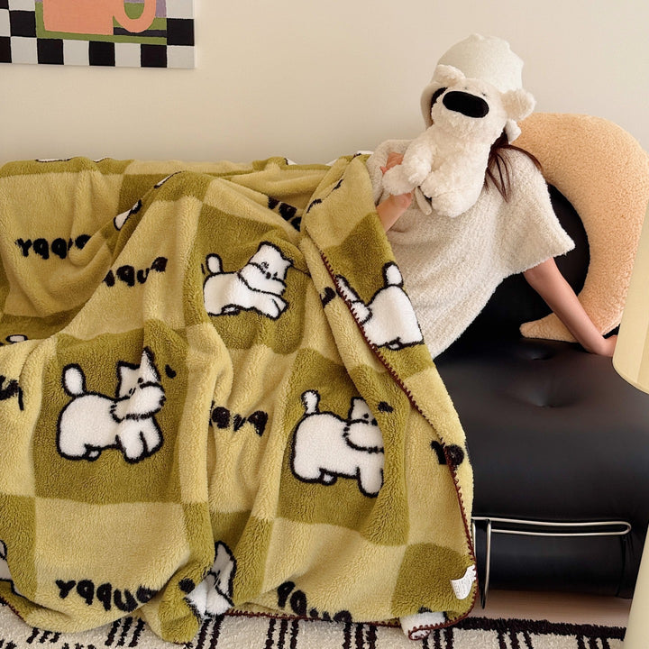 Plush Sherpa Fleece Throw Blanket with Cartoon Dog Motif