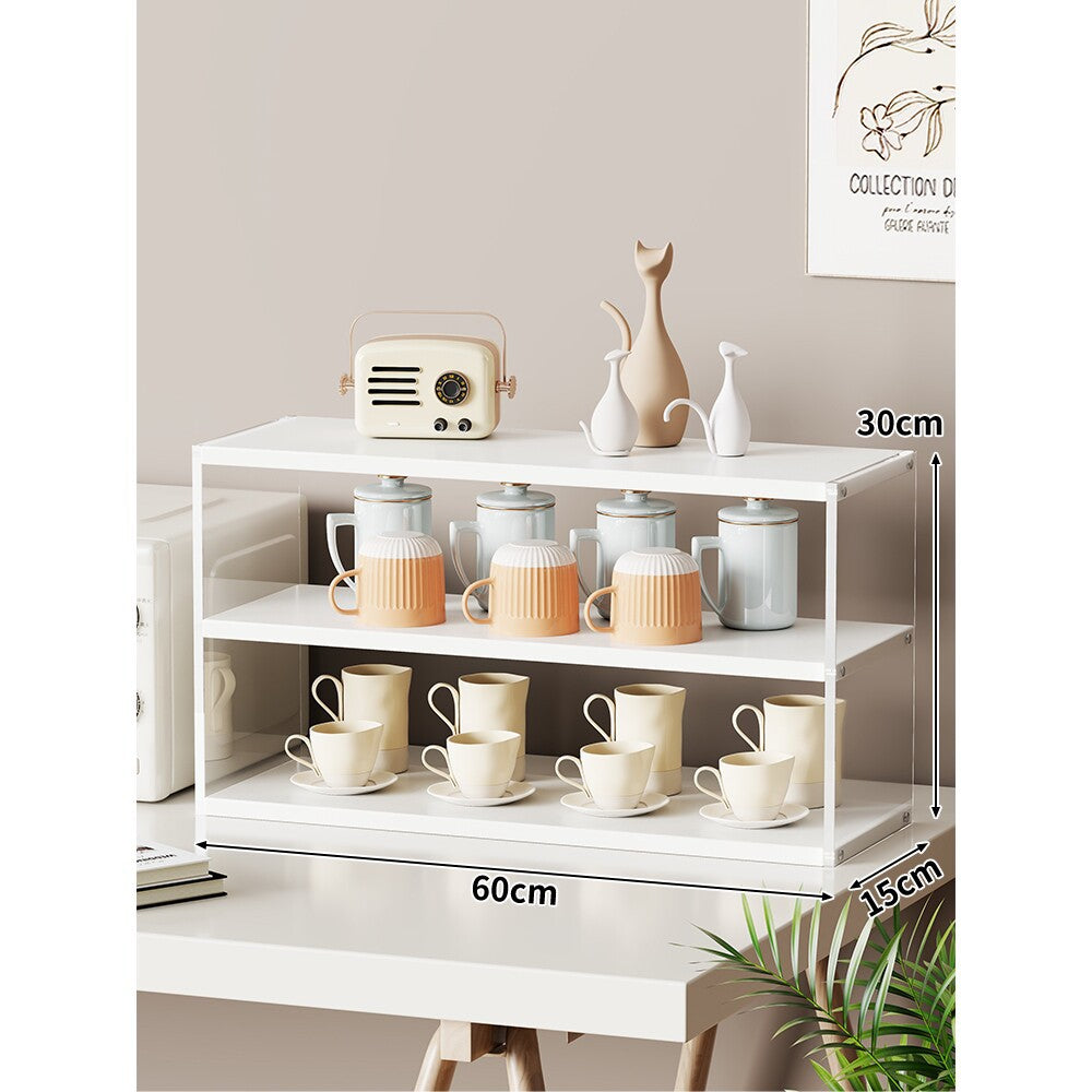 Compact Multi-Level Countertop Cup and Mug Display Shelf with Bamboo Shelves and Transparent Sides