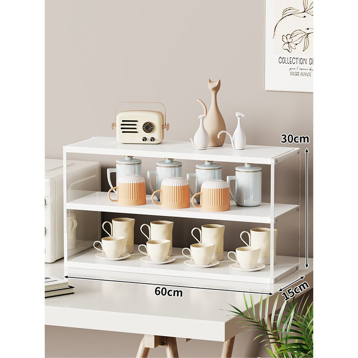 Compact Multi-Level Countertop Cup and Mug Display Shelf with Bamboo Shelves and Transparent Sides