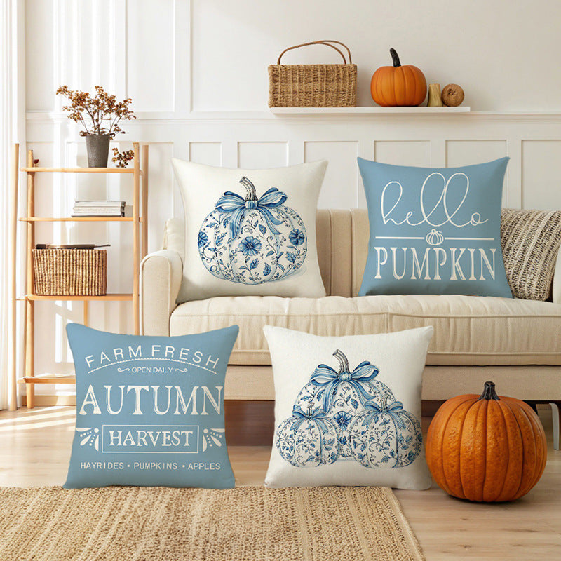Decorative Linen Throw Pillow Cover with Floral Pumpkin Illustration and Bow Accents