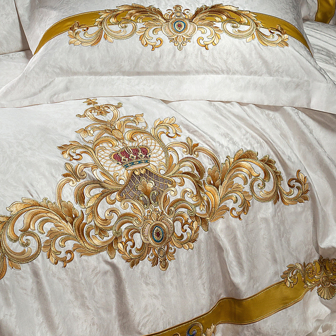 Opulent Baroque Scroll Embroidered Duvet Cover Ensemble with Satin-Edge Shams & Decorative Accent Pillow